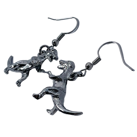 Silver metal T-Rex tiny dinosaur pendant earrings NEW - Picture 2 of 6